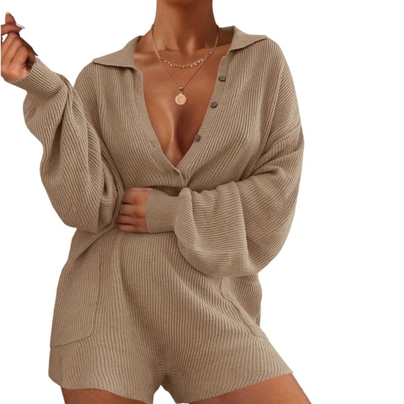 NEW Long Sleeve Sweater Rompers V Neck Button Down One Pieces Sweater Outfit - Picture 3 of 4